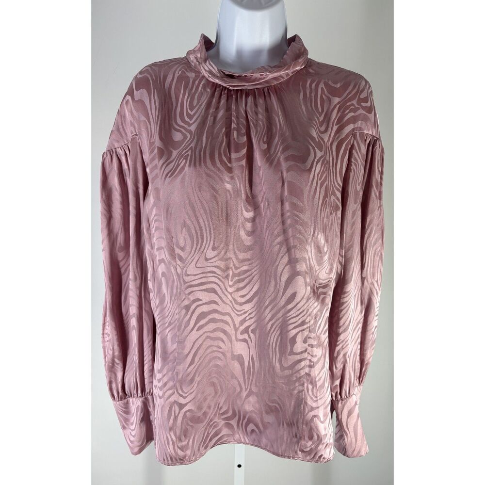 Rebecca Taylor Silk Blend Balloon Sleeve Mock Neck Blouse in Hibiscus